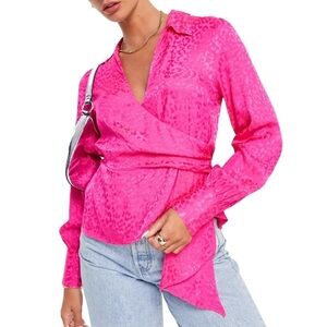 TOPSHOP Womens Faux Wrap Top US 8 Bright Pink Jacquard Animal Print